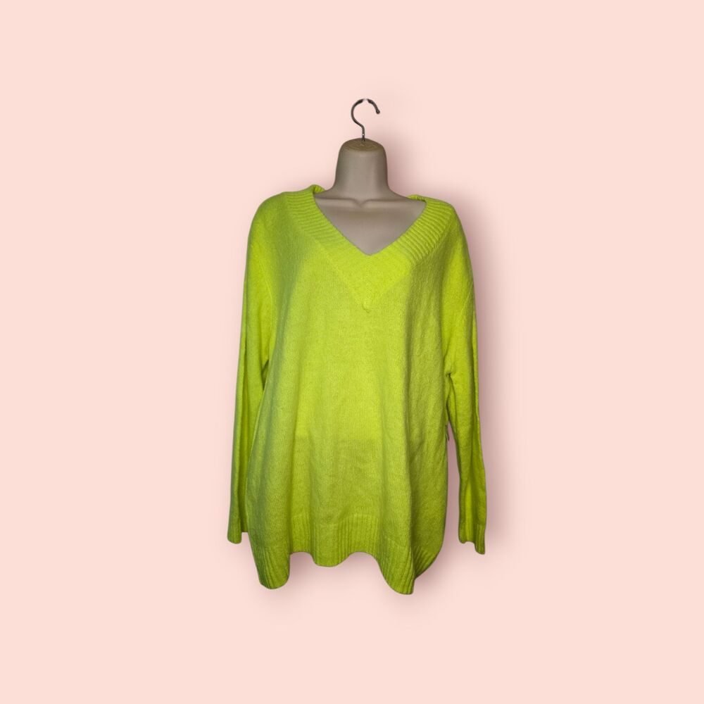 Eloquii Neon Green Relaxed Fit V-Neck Pullover Sweater Plus 18/20 Plus Size
